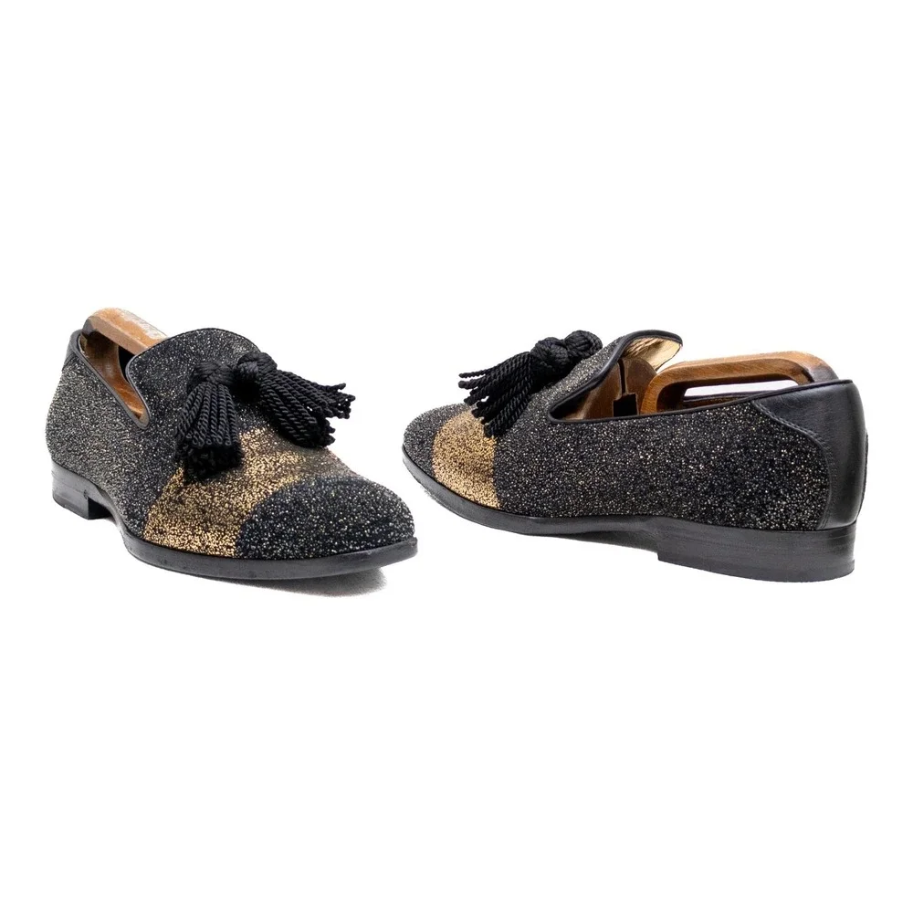 Jimmy Choo Men's Foxley Black & Gold‎ Glitter Tassel Loafers Size EU 40.5 / US 8